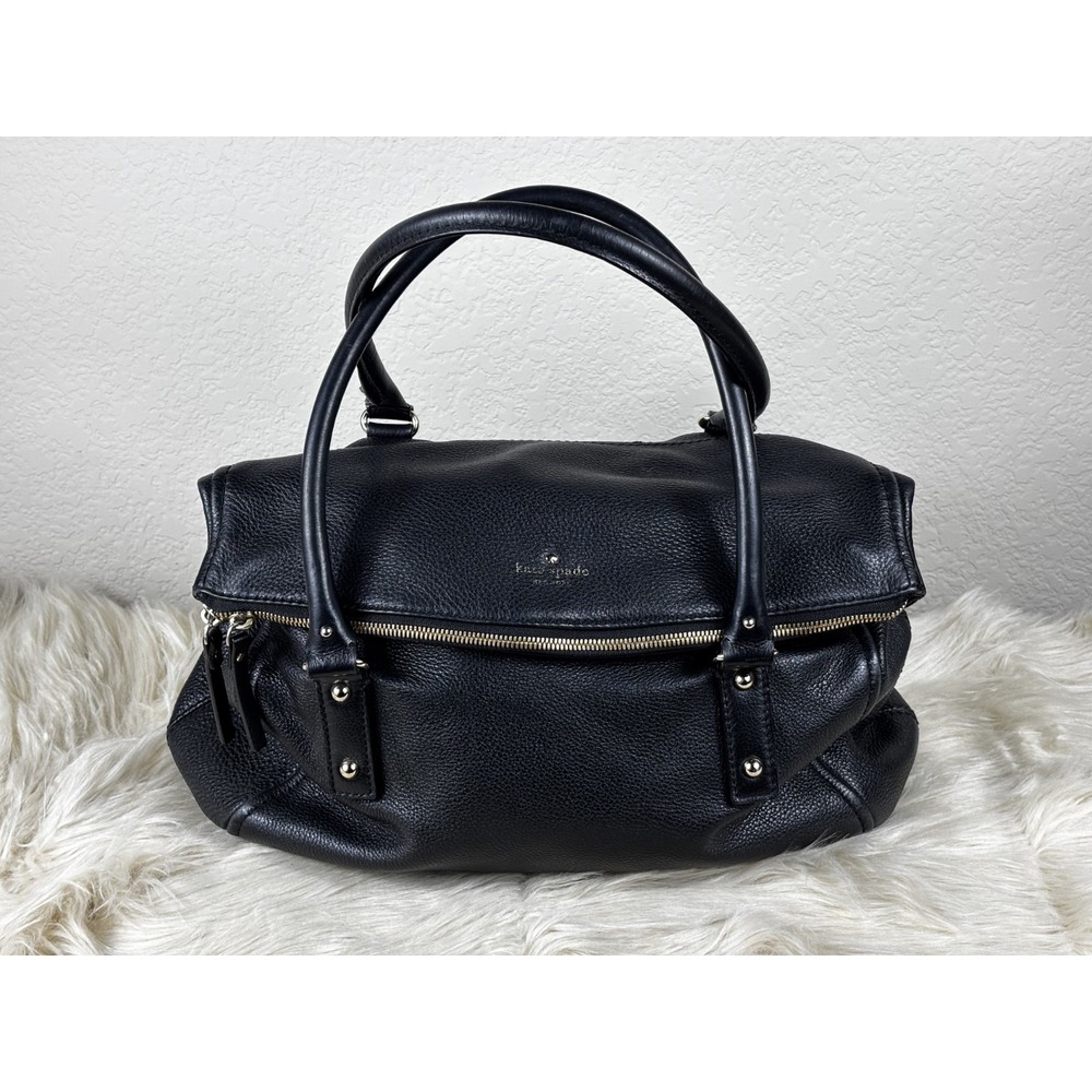Kate Spade Pebbled Leather Satchel Black Large Gold Tote Designer Chic